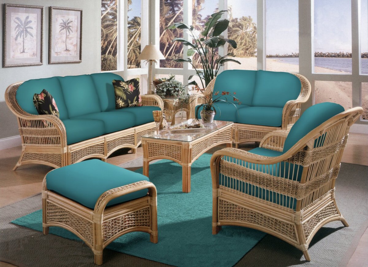 Island Paradise natural banana leaf wicker with blue cushions