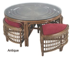 Rattan Round Table with Benches - antique