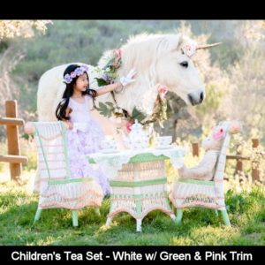 Children's wicker tea set with green and pink trim