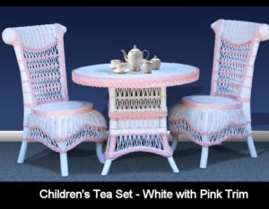 Children's wicker tea set white with pink trim
