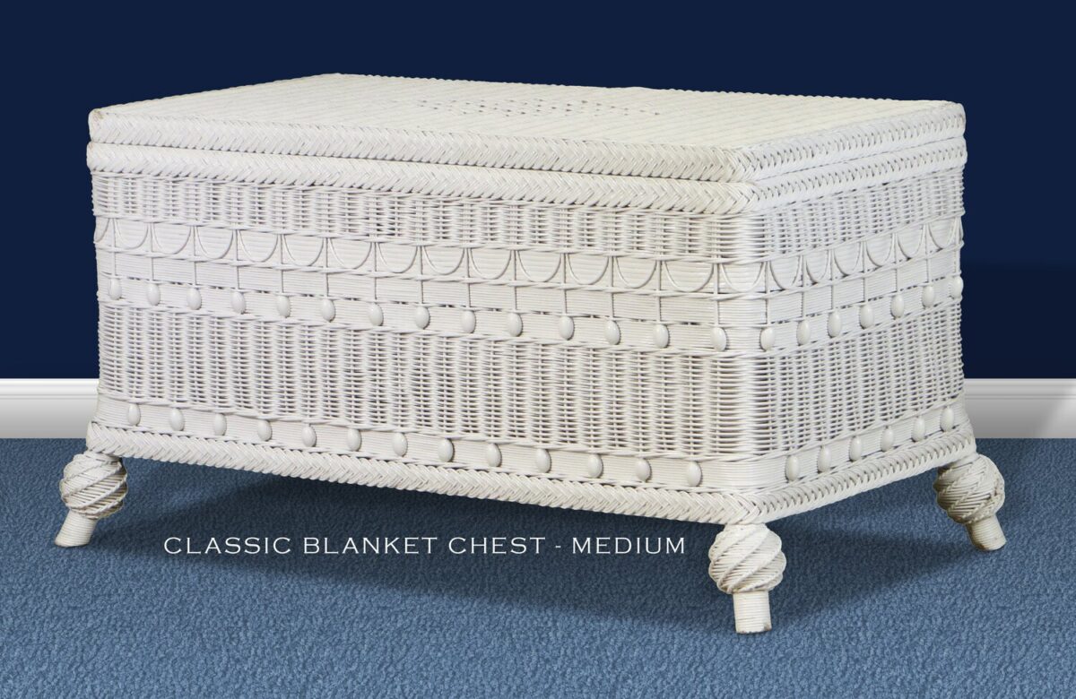 Classic wicker blanket chest in white finish.