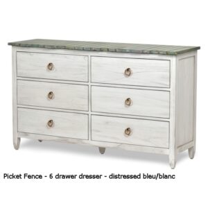 Picket Fence 6 Drawer Dresser Distressed Blue/White Finish